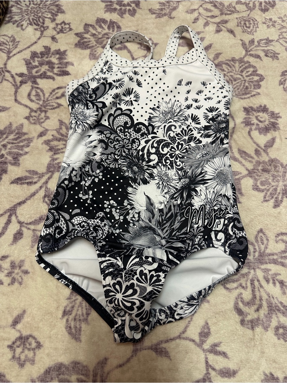 Sylvia P Black & White Floral gymnastics leotard Size 6